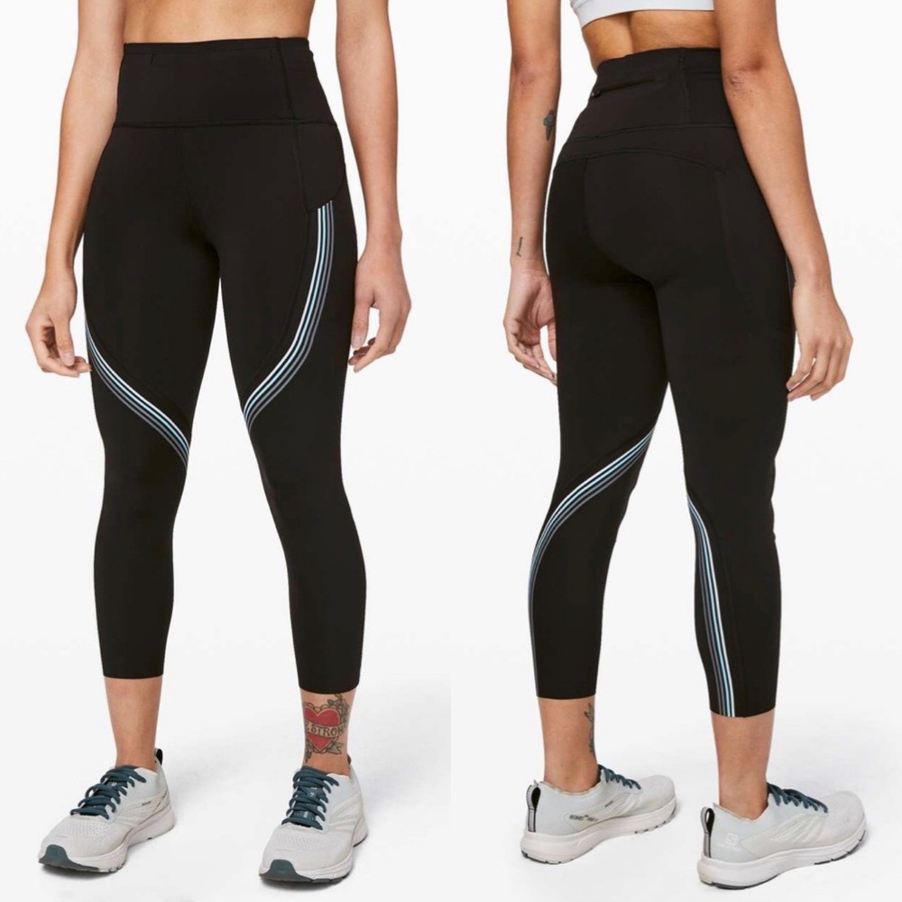 Lululemon Speed Limit Crop 23" Black‎ Reflective Stripe Leggings W6AUTS Size 6